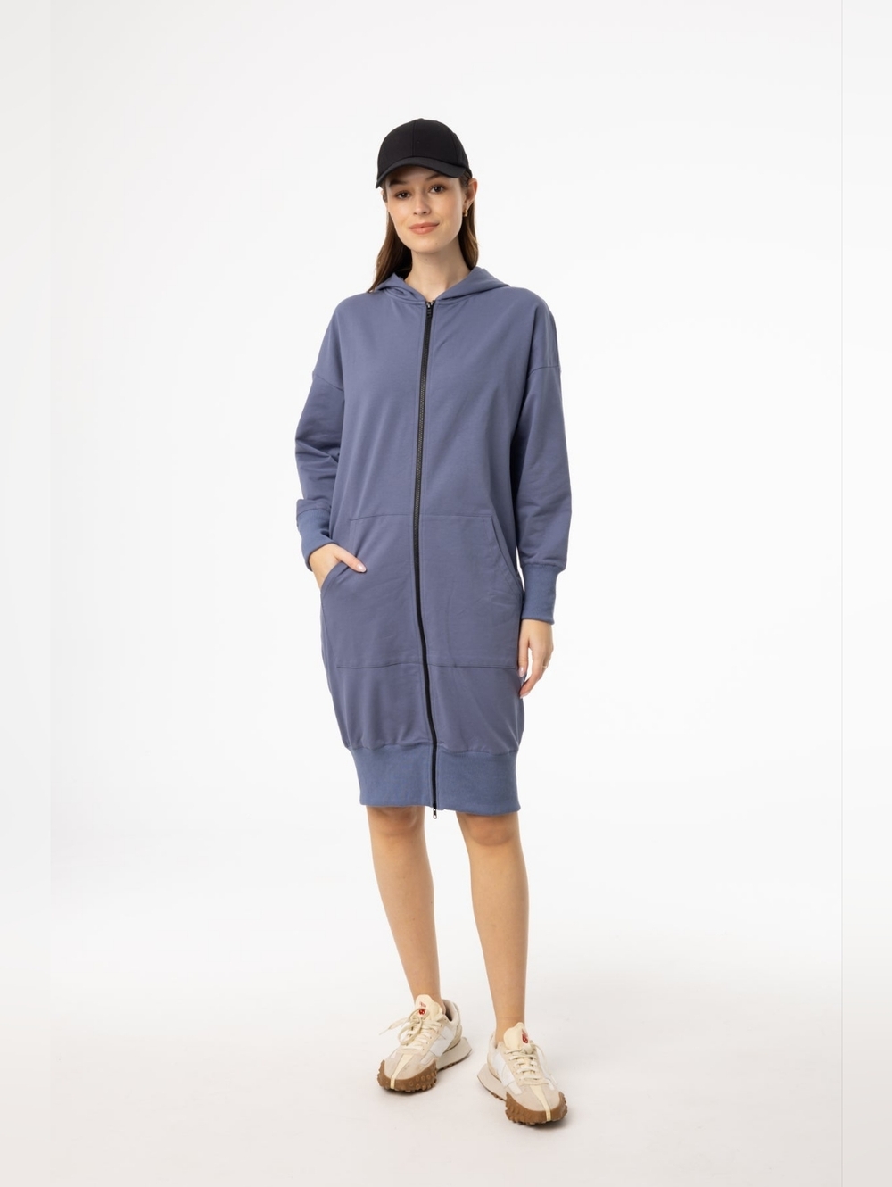 NWT Womens BLANK Blue Zipper Hooded Sweatshirt Midi Dress - XS- Modest, Cozy